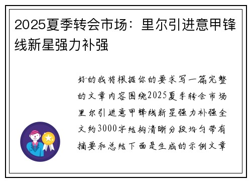 2025夏季转会市场：里尔引进意甲锋线新星强力补强