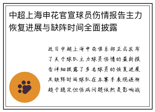 中超上海申花官宣球员伤情报告主力恢复进展与缺阵时间全面披露 中超上海申花官宣球员伤情报告主力恢复进展与缺阵时间全面披露